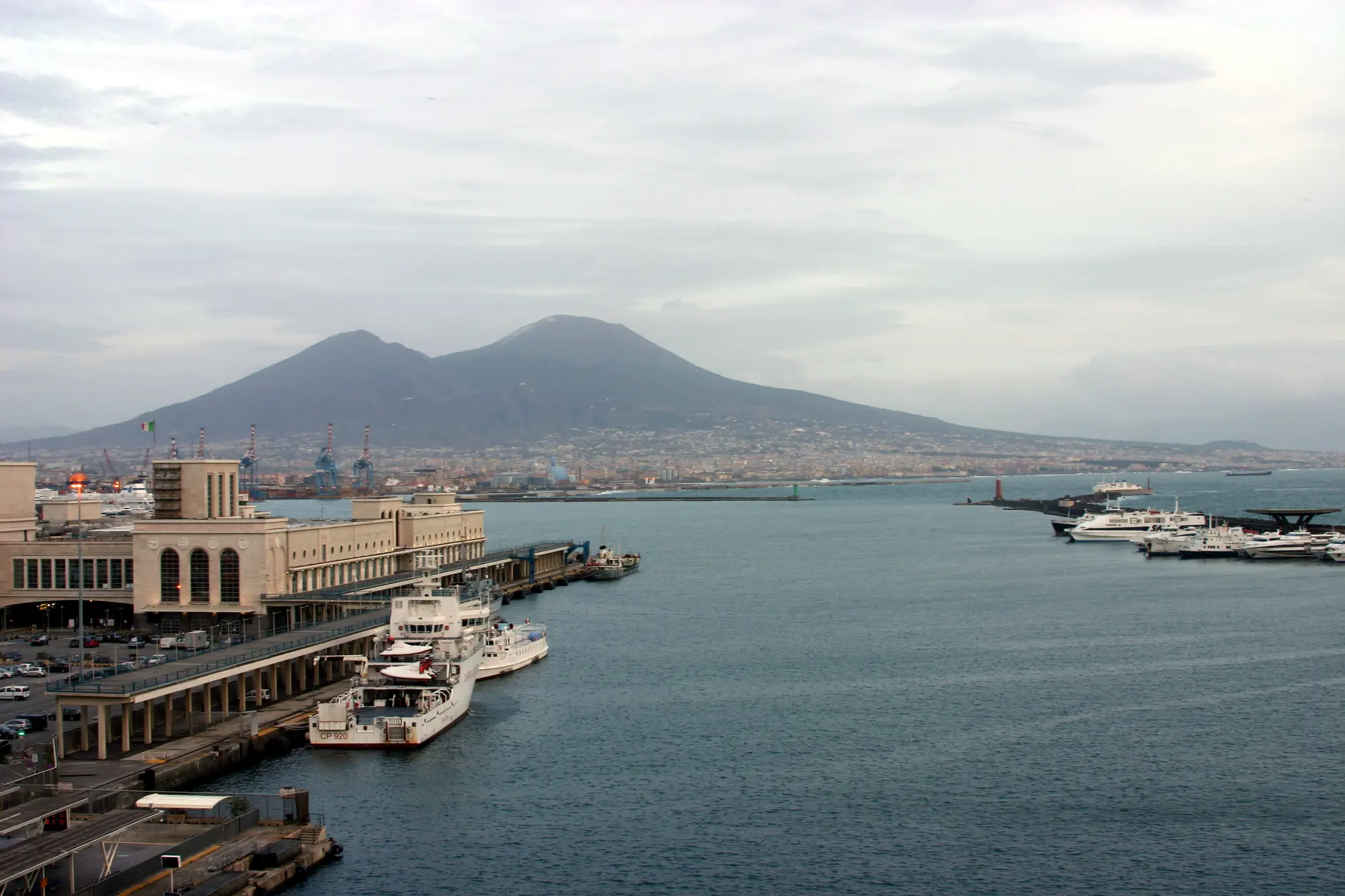 The port of Naples and Mount Vesuvius seen from Castel Nuovo